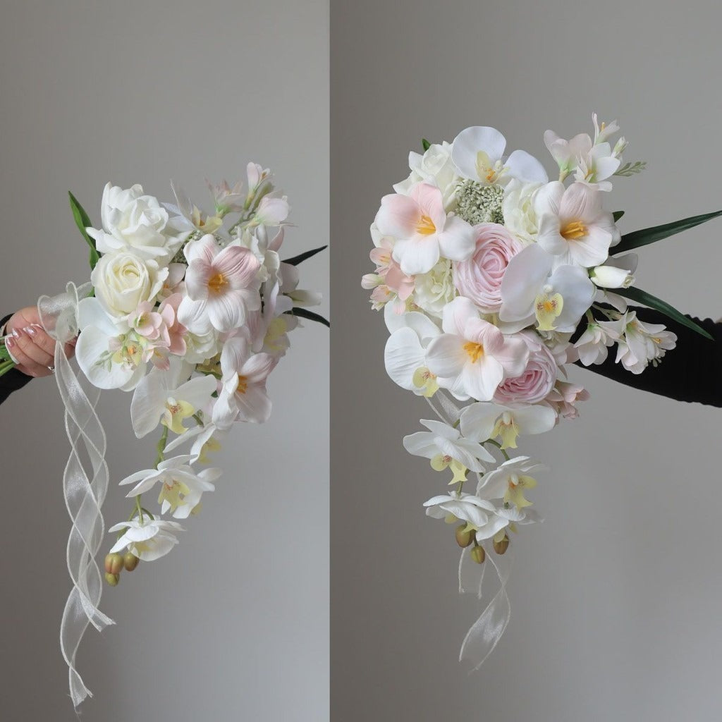 Luxury White & Blush Pink Cascading Bridal Bouquet | Premium Silk Rose & Orchid Waterfall Wedding Flower for Brides