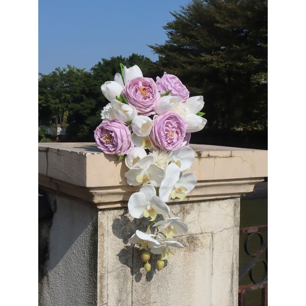 Luxury White & Light Purple Cascading Bridal Bouquet | Premium Silk Rose & Orchid Waterfall Wedding Flower for Brides