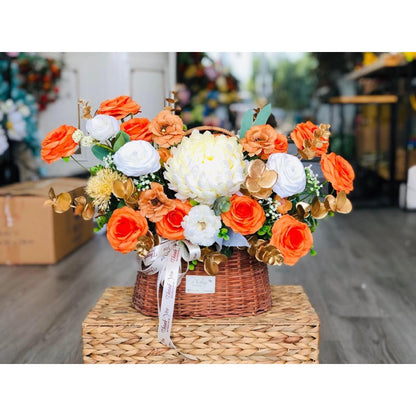 Warm Sunset Orange Silk Flower Basket Arrangement