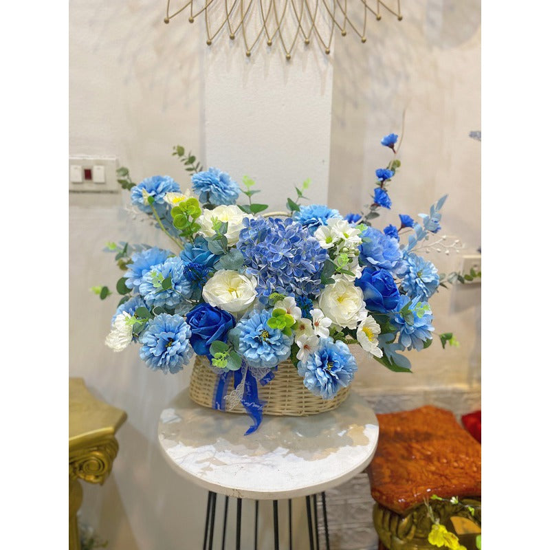 Blue Silk Flower Basket Arrangement