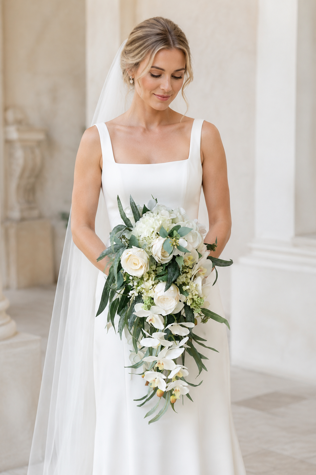 Luxurious Cascading Artificial Bridal Bouquet | Premium White Silk Waterfall Wedding Flower for Brides
