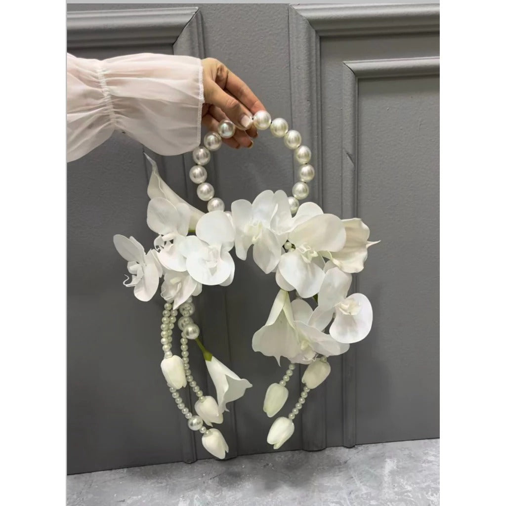 Luxury Pure White Pearl Hoop Bridal Bouquet | White & Ivory Round Bridal Bouquet