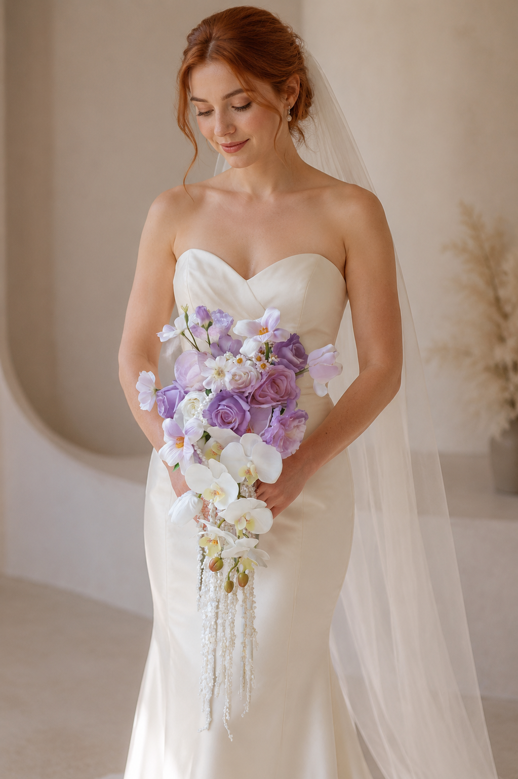 Luxury White & Light Purple Cascading Bridal Bouquet | Premium Silk Rose & Orchid Waterfall Wedding Flower for Brides