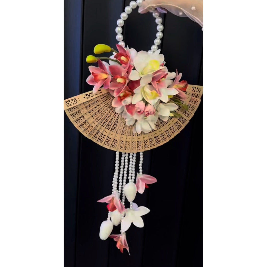 Luxury Oriental Folding Fan Bridal Bouquet | Modern Handmade Silk Orchid & Calla Lily Wedding Fan Flower with Pearl Strands
