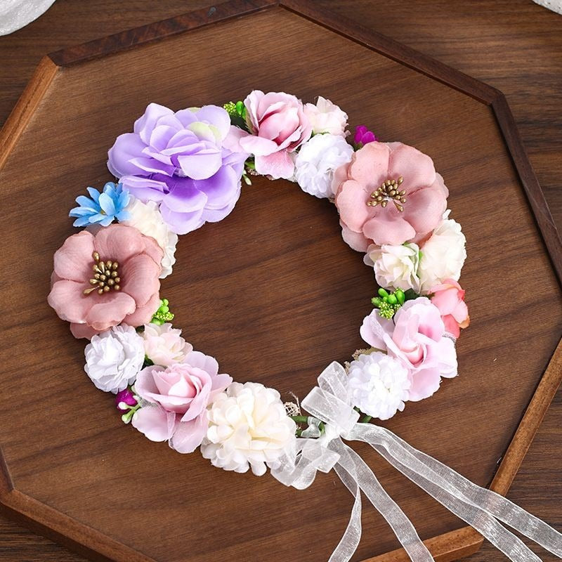 Handcrafted Floral Crown Flower Headband with Organza Ribbon