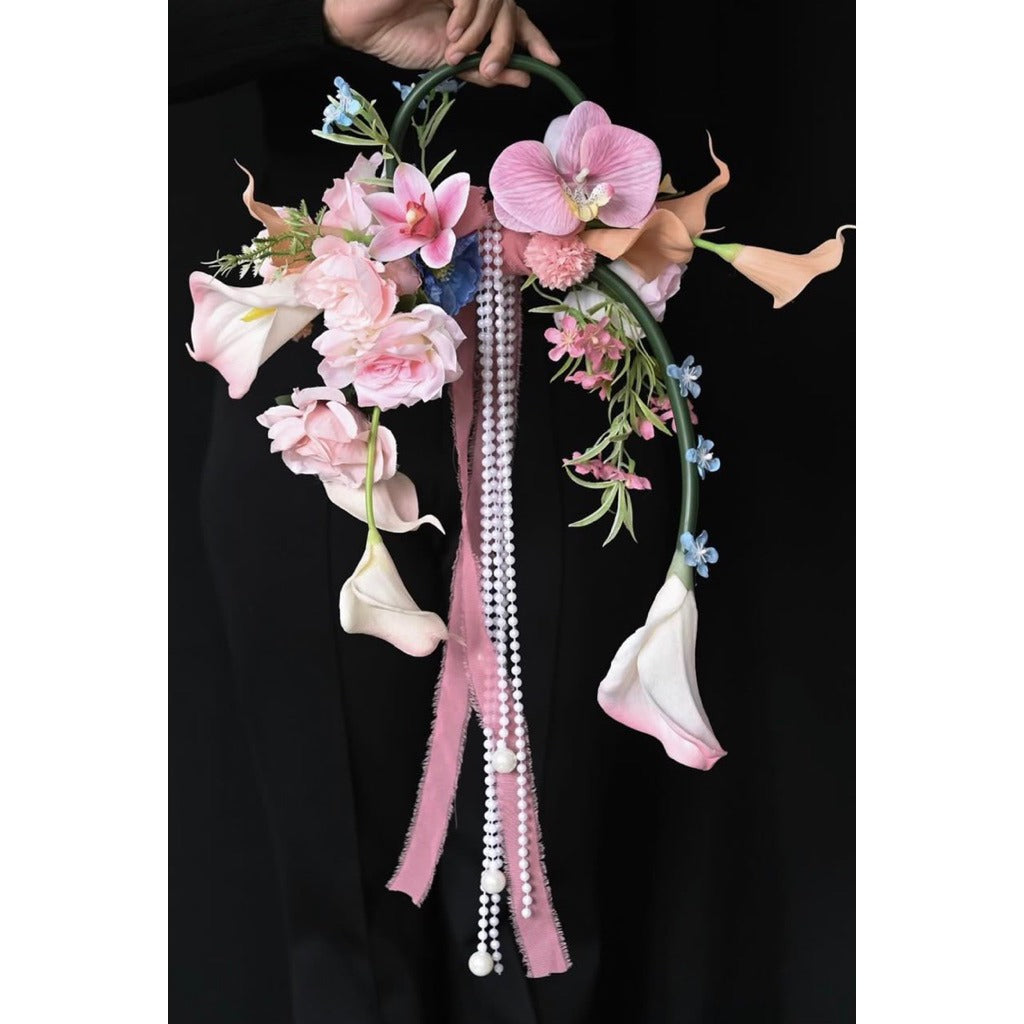 Luxury Pure White Pearl Hoop Bridal Bouquet | Pastel Pink Round Bridal Bouquet