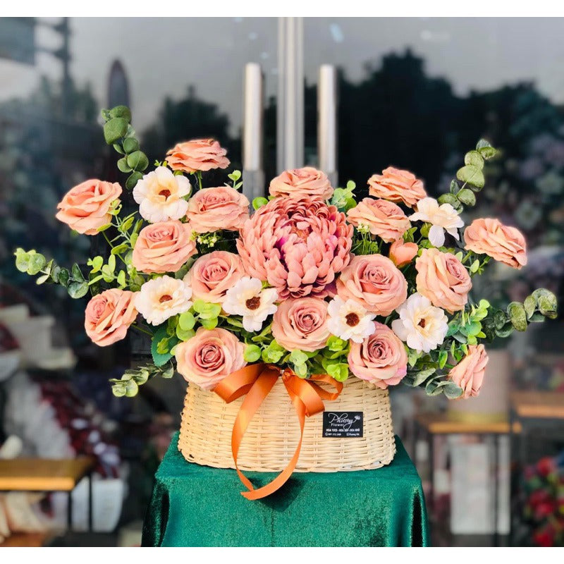 Warm Sunset Orange Silk Flower Basket Arrangement