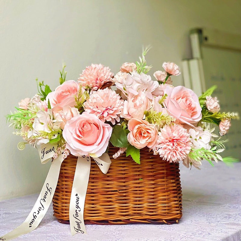 Pink Silk Flower Basket Arrangement