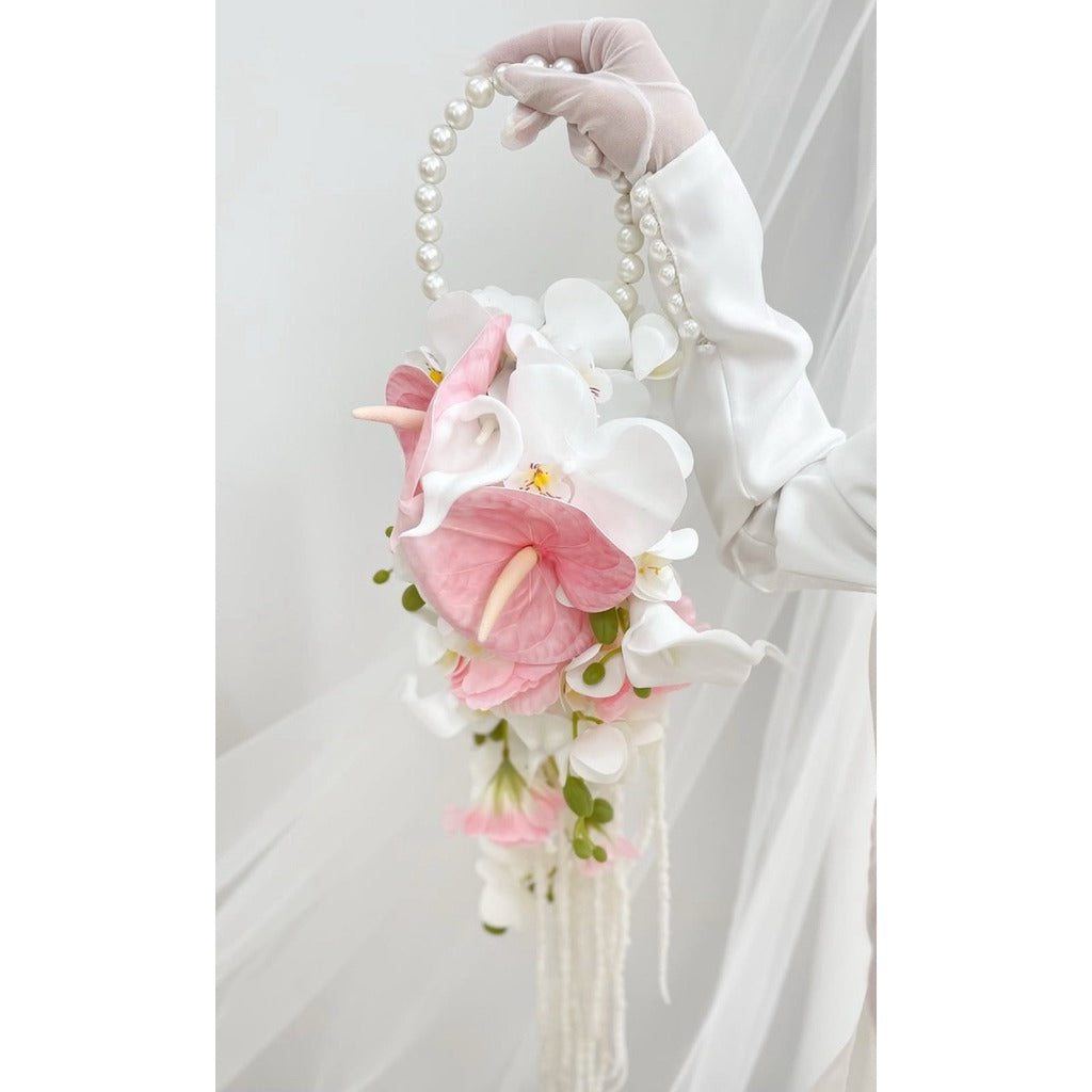 Luxury Pure White Pearl Hoop Bridal Bouquet | Pastel Pink Round Bridal Bouquet