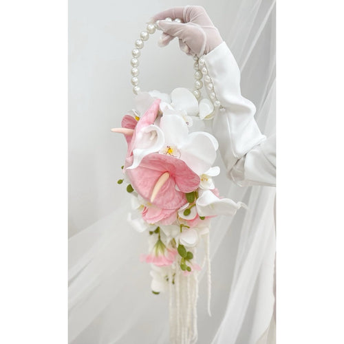 Luxury Pure White Pearl Hoop Bridal Bouquet | Pastel Pink Round Bridal Bouquet