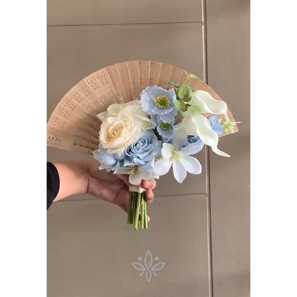 Luxury Oriental Folding Fan Bridal Bouquet | Modern Handmade Silk Orchid & Calla Lily Wedding Fan Flower with Pearl Strands
