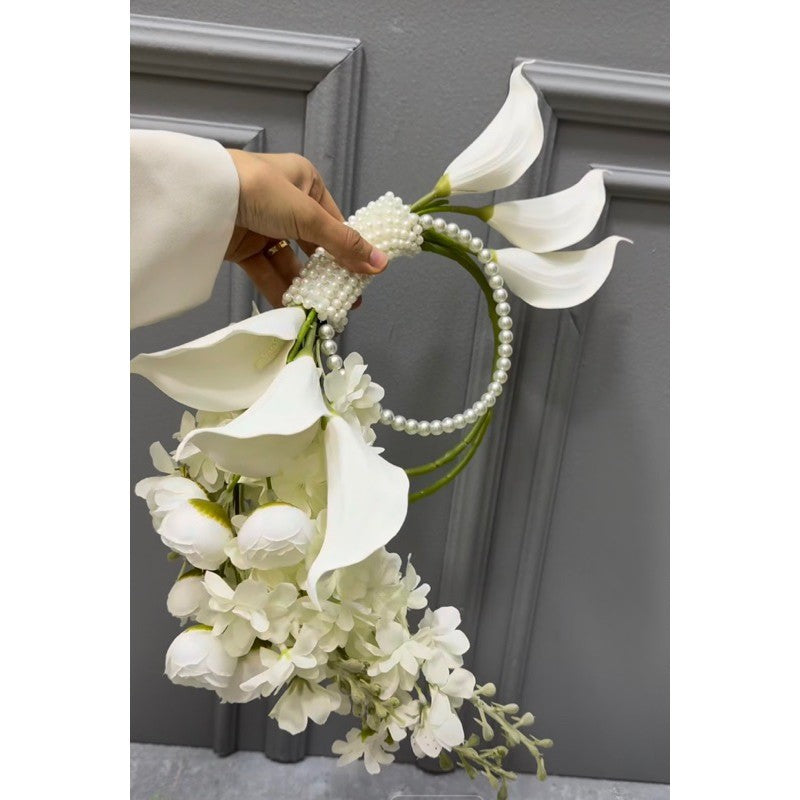 Luxury Pure White Pearl Hoop Bridal Bouquet | White & Ivory Round Bridal Bouquet