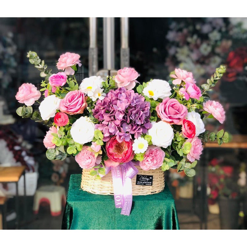 Pink Silk Flower Basket Arrangement