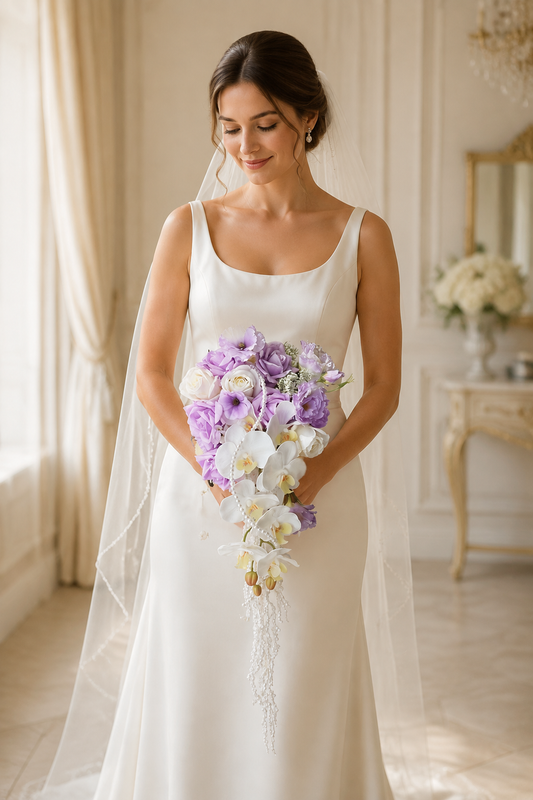 Luxury White & Light Purple Cascading Bridal Bouquet | Premium Silk Rose & Orchid Waterfall Wedding Flower for Brides