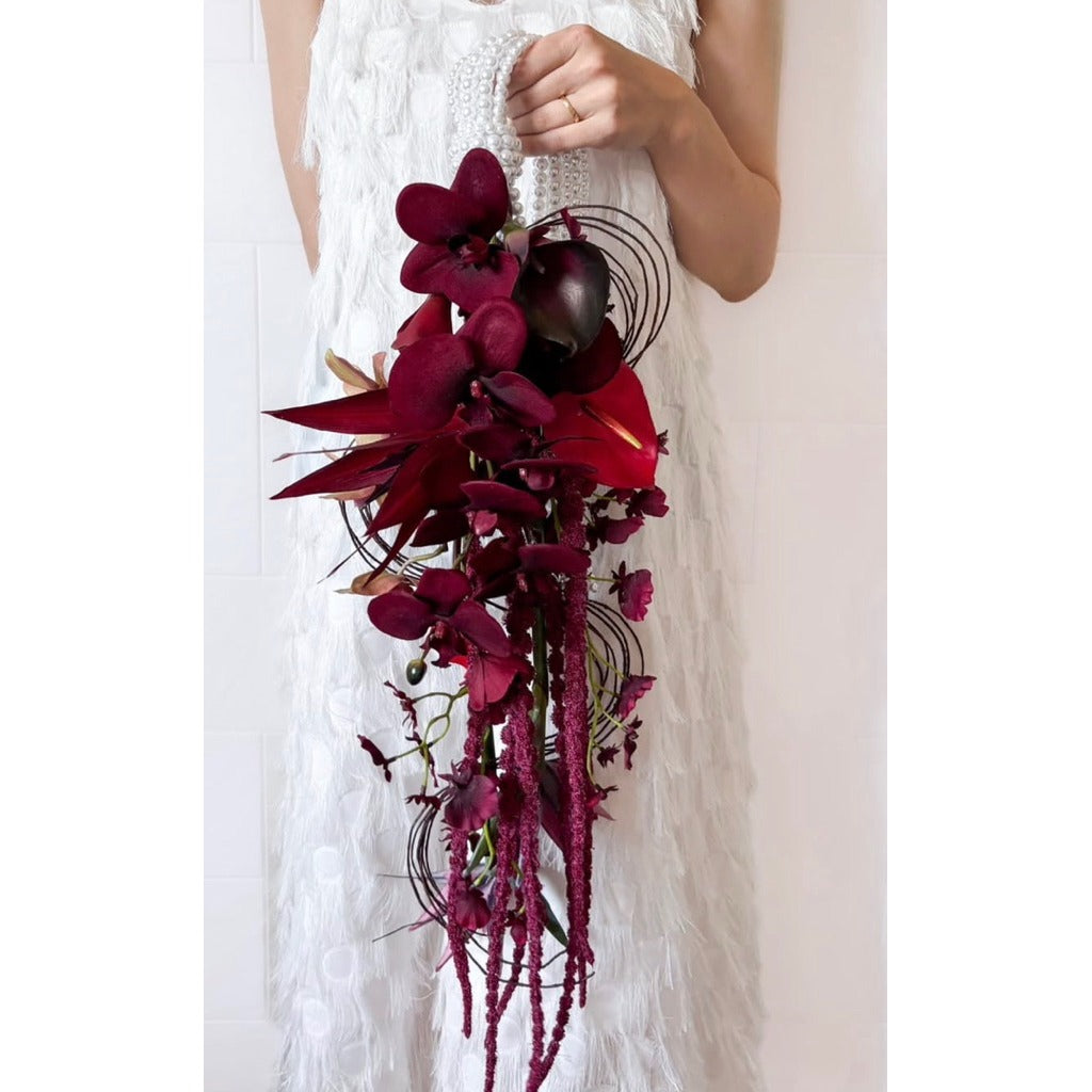 Luxury Pure White Pearl Hoop Bridal Bouquet | Red Round Bridal Bouquet
