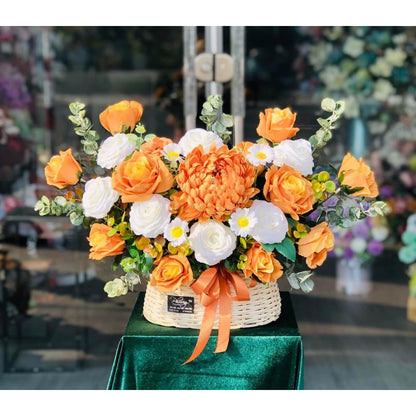 Warm Sunset Orange Silk Flower Basket Arrangement