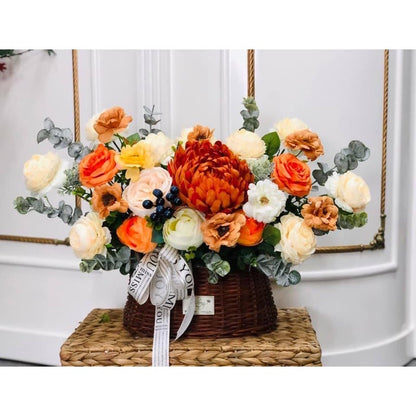 Warm Sunset Orange Silk Flower Basket Arrangement