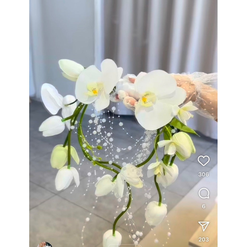 Luxury Pure White Pearl Hoop Bridal Bouquet | White & Ivory Round Bridal Bouquet