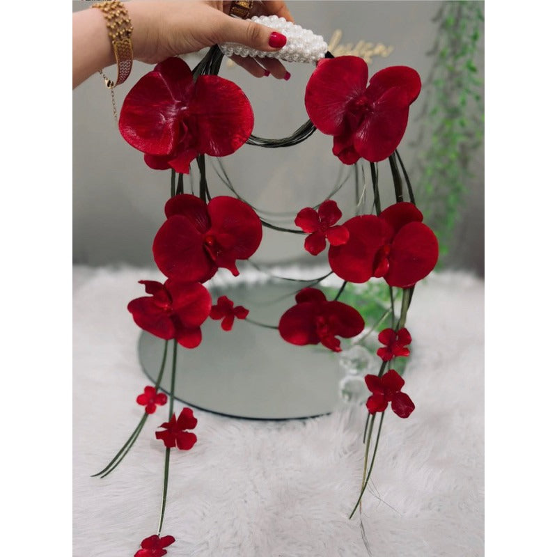 Luxury Pure White Pearl Hoop Bridal Bouquet | Red Round Bridal Bouquet