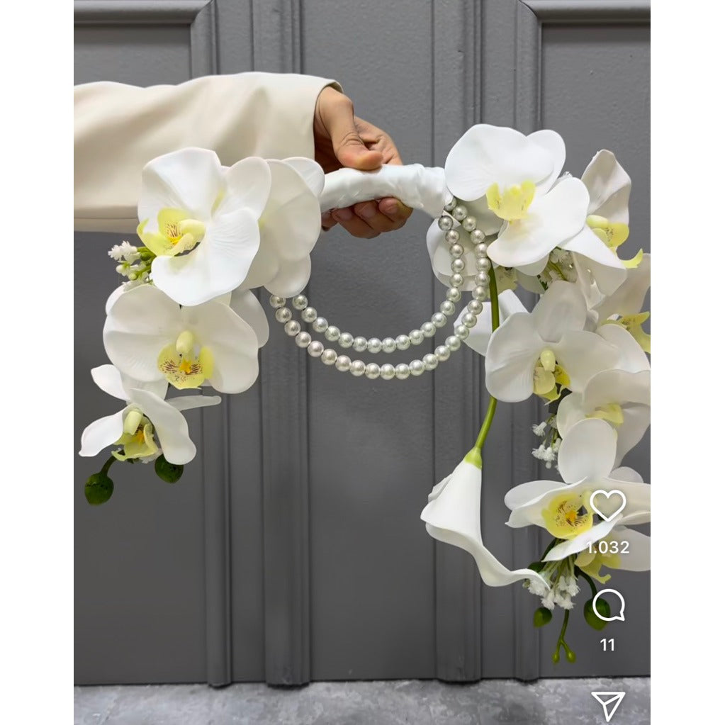 Luxury Pure White Pearl Hoop Bridal Bouquet | White & Ivory Round Bridal Bouquet