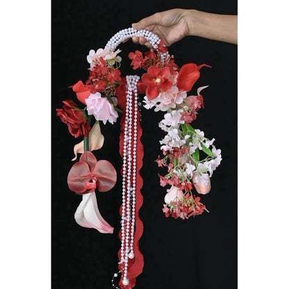 Luxury Pure White Pearl Hoop Bridal Bouquet | Red Round Bridal Bouquet