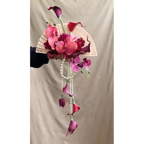 Luxury Oriental Folding Fan Bridal Bouquet | Modern Handmade Silk Orchid & Calla Lily Wedding Fan Flower with Pearl Strands