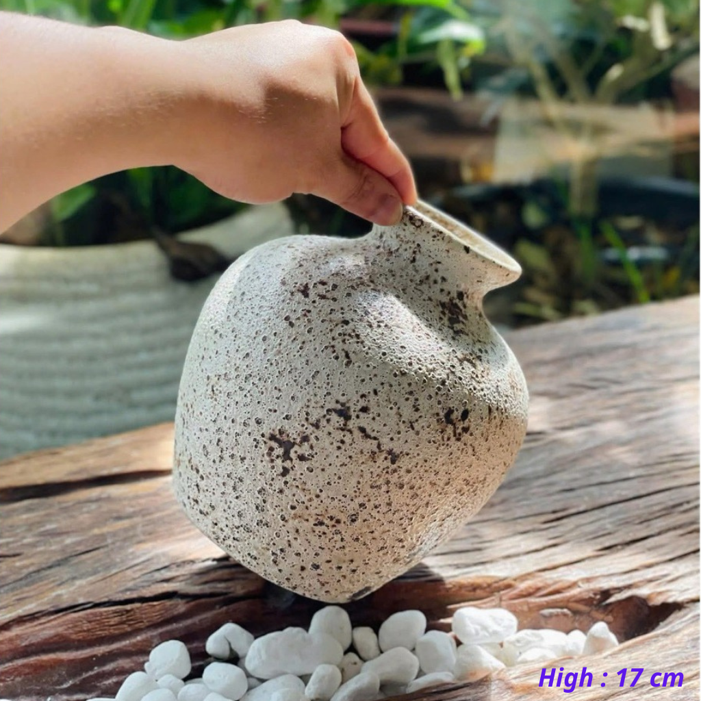 Handcrafted Bat Trang Atlantic Glaze Ceramic Vase | 16-18 cm Rustic Moss Stone Green Flower