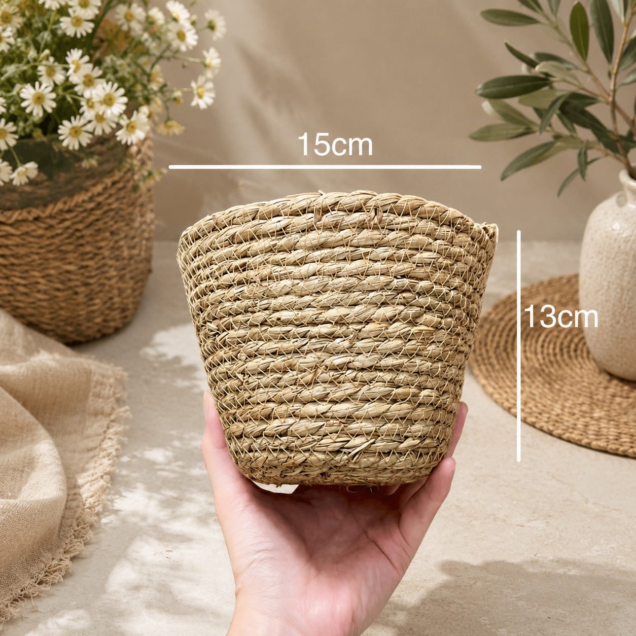 Handcrafted Twisted Seagrass Woven Flower & Gift Basket with Waterproof Plastic Liner