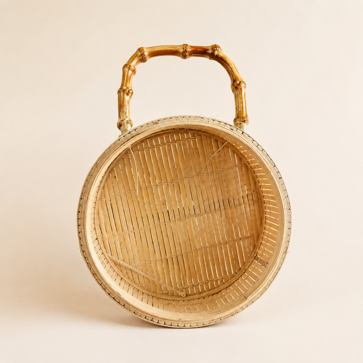 Handcrafted Round Bamboo Handle Flower Basket - Natural Bamboo Wedding & Event Decor Basket