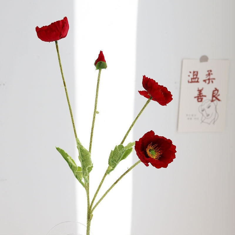 Real-Touch Silk Poppy Flower Spray (3 Blooms + 1 Bud)