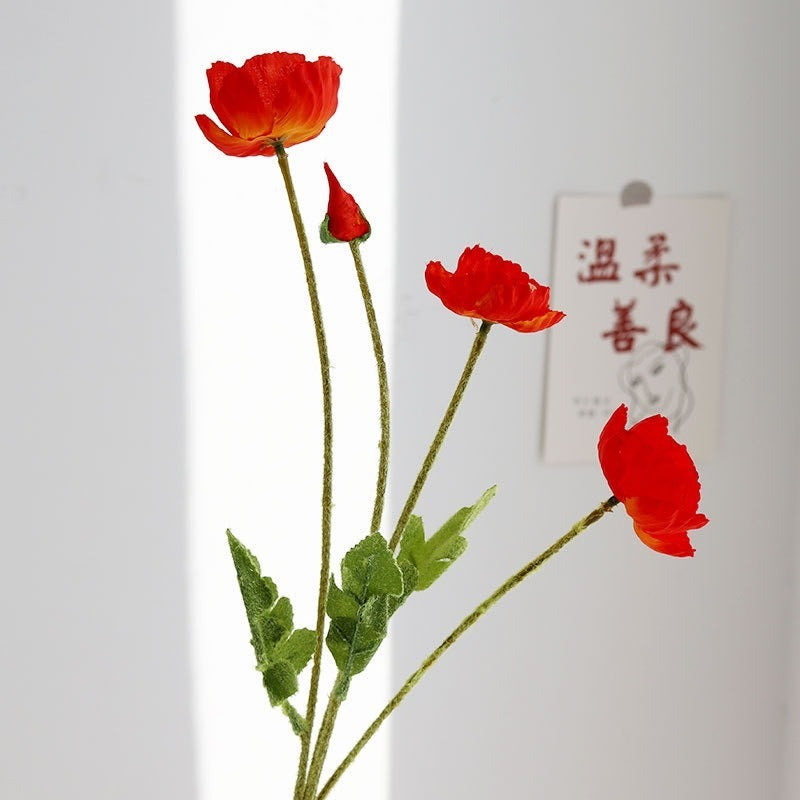 Real-Touch Silk Poppy Flower Spray (3 Blooms + 1 Bud)