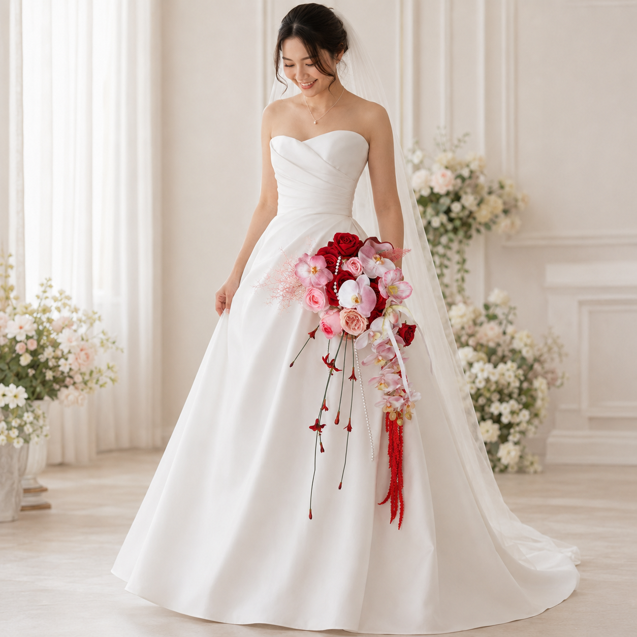 Handcrafted Red & Blush Cascading Bridal Bouquet