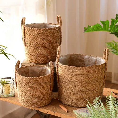 Handcrafted Water Hyacinth Woven Planter Basket with Handles & Waterproof Liner