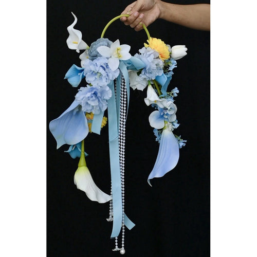 Luxury Pure White Pearl Hoop Bridal Bouquet | Blue Round Bridal Bouquet