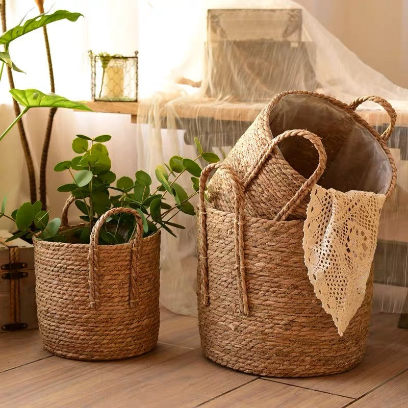 Handcrafted Water Hyacinth Woven Planter Basket with Handles & Waterproof Liner