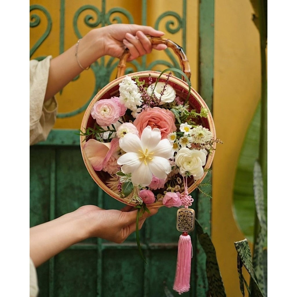 Handcrafted Round Bamboo Handle Flower Basket - Natural Bamboo Wedding & Event Decor Basket