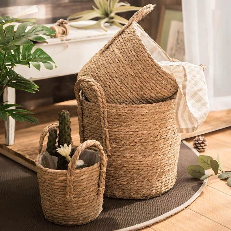 Handcrafted Water Hyacinth Woven Planter Basket with Handles & Waterproof Liner