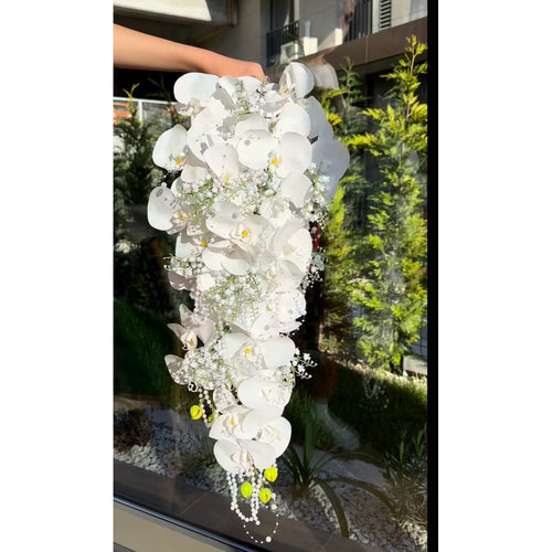 Queen of England Pure White Cascading Bridal Bouquet | Luxury Handmade Silk Phalaenopsis Orchid & Baby's Breath Waterfall Wedding Flowers