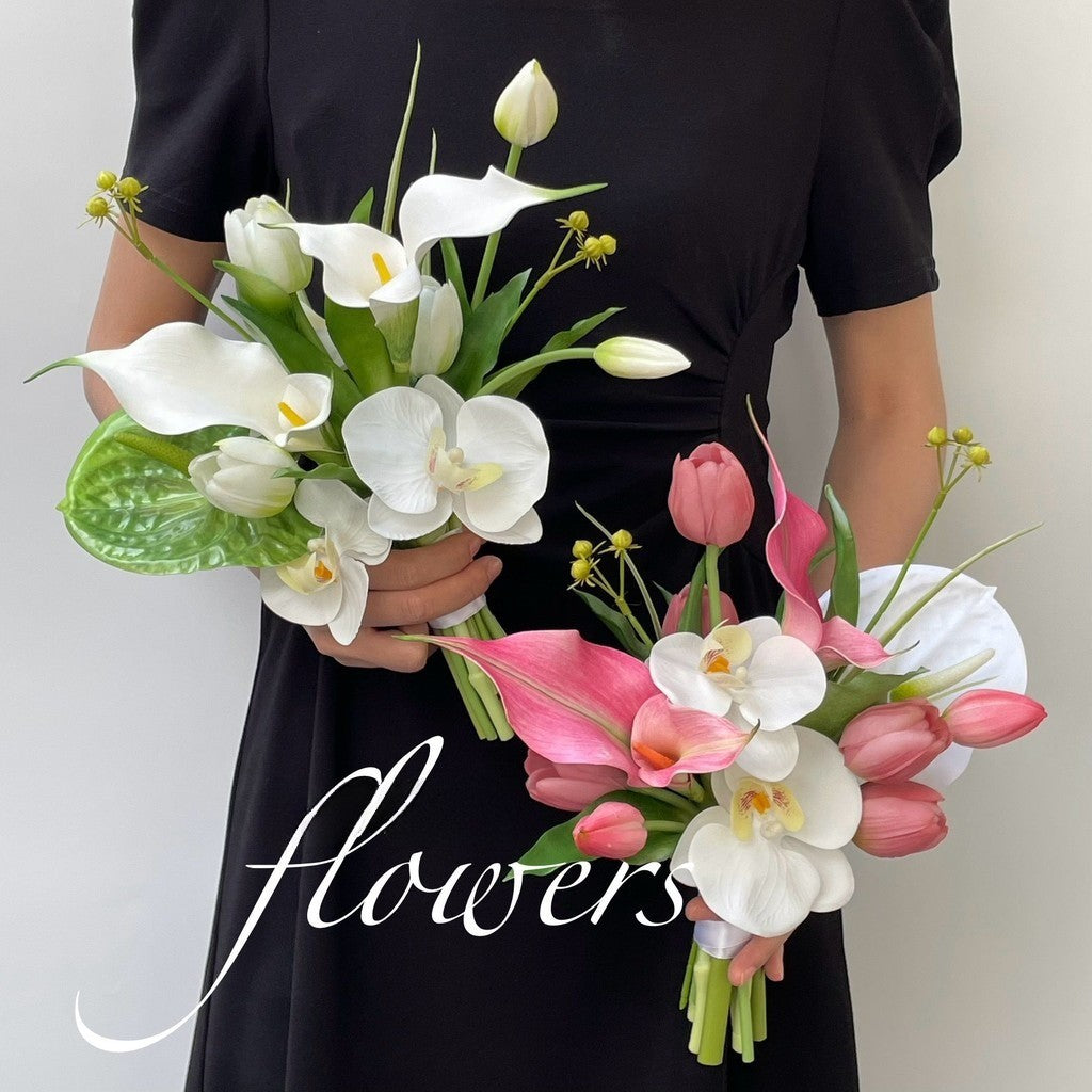Real-Touch Artificial Tulip & Calla Lily Bridal Bouquet | Modern Hand-Tied Wedding Bouquet in Pure White & Pink