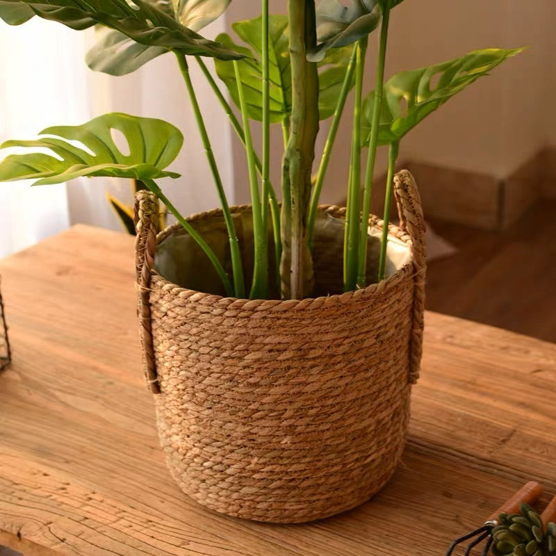 Handcrafted Water Hyacinth Woven Planter Basket with Handles & Waterproof Liner