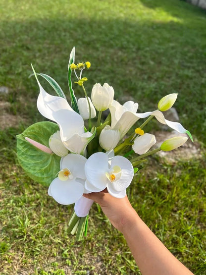 Real-Touch Artificial Tulip & Calla Lily Bridal Bouquet | Modern Hand-Tied Wedding Bouquet in Pure White & Pink