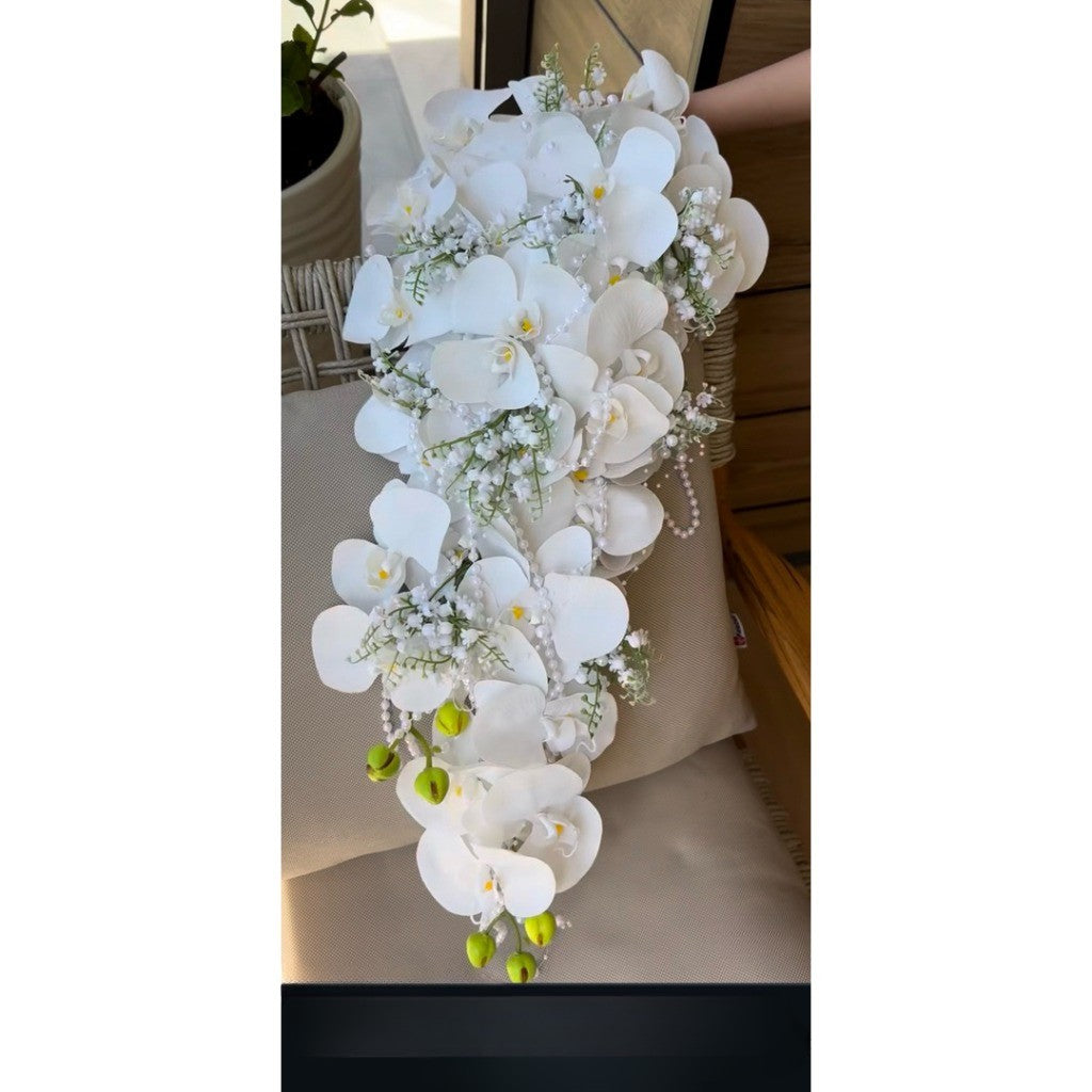 Queen of England Pure White Cascading Bridal Bouquet | Luxury Handmade Silk Phalaenopsis Orchid & Baby's Breath Waterfall Wedding Flowers