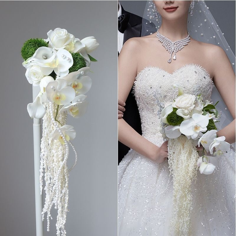 Luxurious Cascading Artificial Bridal Bouquet | Premium White Silk Waterfall Wedding Flower for Brides