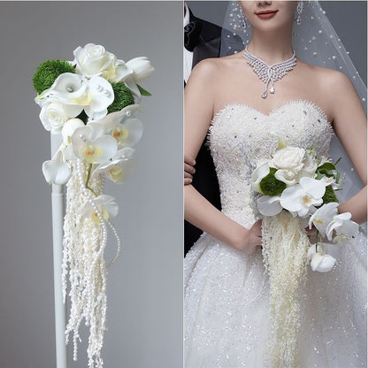 Luxurious Cascading Artificial Bridal Bouquet | Premium White Silk Waterfall Wedding Flower for Brides