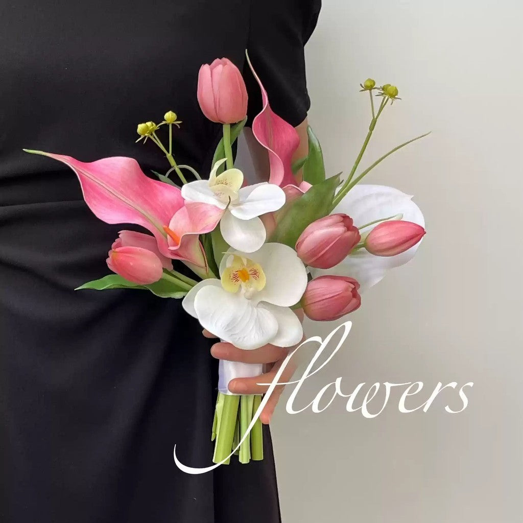 Real-Touch Artificial Tulip & Calla Lily Bridal Bouquet | Modern Hand-Tied Wedding Bouquet in Pure White & Pink