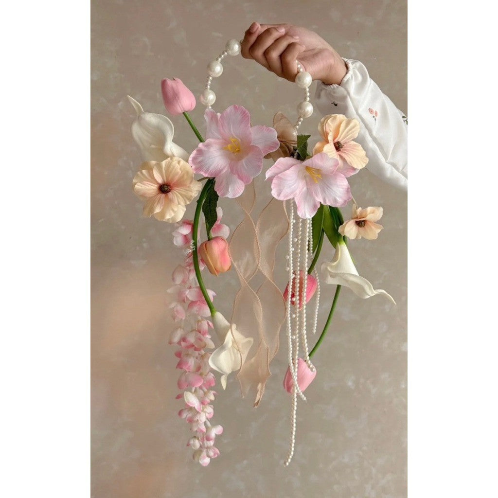 Luxury Pure White Pearl Hoop Bridal Bouquet | Pastel Pink Round Bridal Bouquet