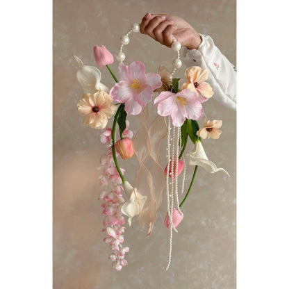 Luxury Pure White Pearl Hoop Bridal Bouquet | Pastel Pink Round Bridal Bouquet