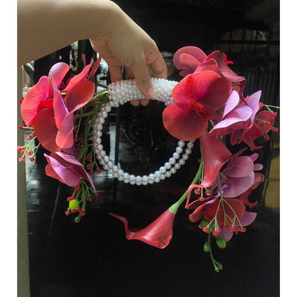 Luxury Pure White Pearl Hoop Bridal Bouquet | Red Round Bridal Bouquet