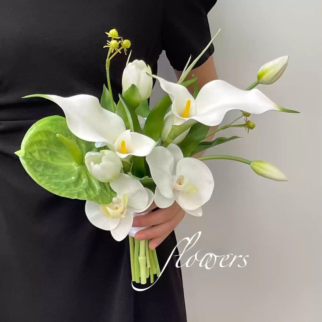 Real-Touch Artificial Tulip & Calla Lily Bridal Bouquet | Modern Hand-Tied Wedding Bouquet in Pure White & Pink