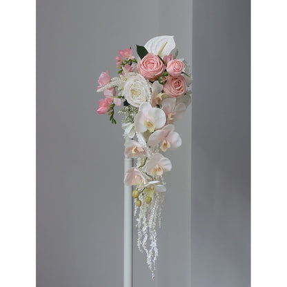 Luxury White & Blush Pink Cascading Bridal Bouquet | Premium Silk Rose & Orchid Waterfall Wedding Flower for Brides